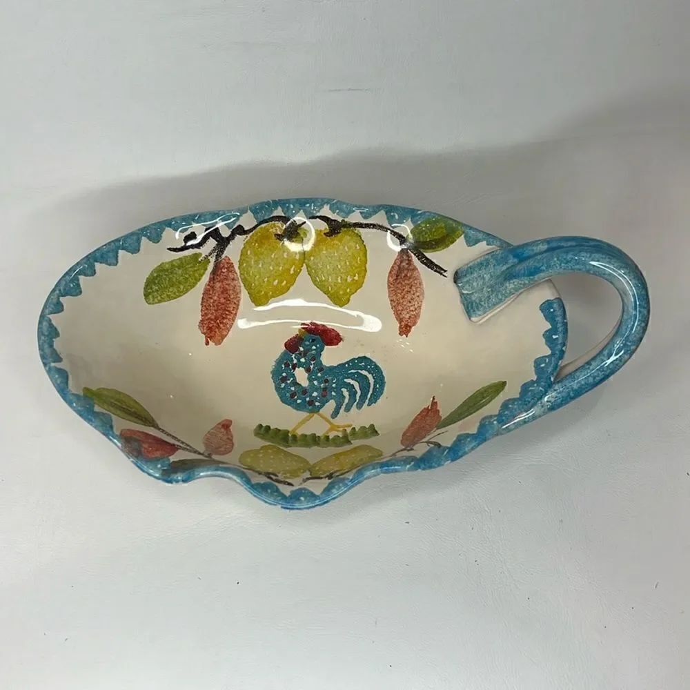 MC Ceramic Michele Favolose Rooster Vine Blue Cream Gravy Sauce Serving Boat